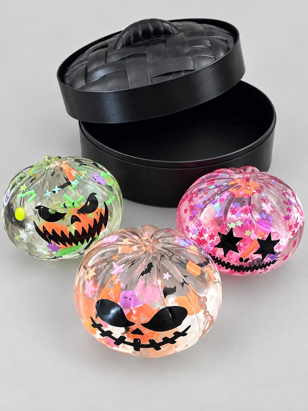 Halloween Pumpkin Squishy 3-Pack with Black Storage Case – Glitter Confetti